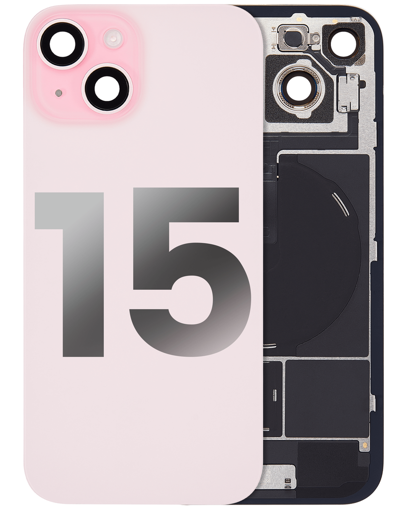 Back Glass With Steel Plate With Wireless NFC Charging MagSafe Magnet &amp; Flashlight Flex Compatible For iPhone 15 (Used OEM Pull: Grade A) (Pink)