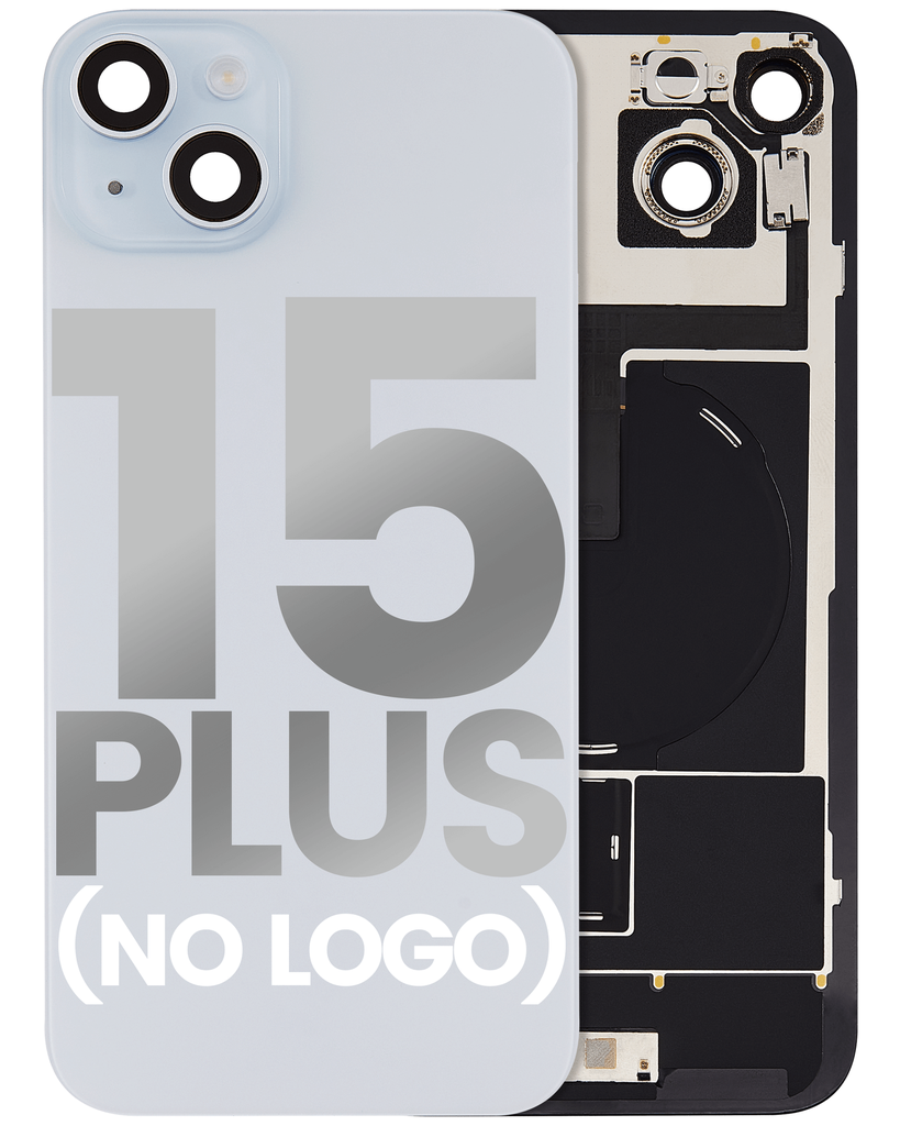 Back Glass With Steel Plate With Wireless NFC Charging MagSafe Magnet &amp; Flashlight Flex Compatible For iPhone 15 Plus (No Logo) (Blue)