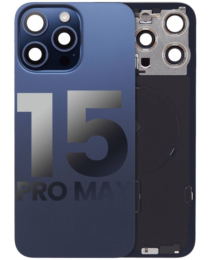 Back Glass With Steel Plate With Wireless NFC Charging MagSafe Magnet &amp; Flashlight Flex Compatible For iPhone 15 Pro Max (Used OEM Pull: Grade A) (Blue Titanium)