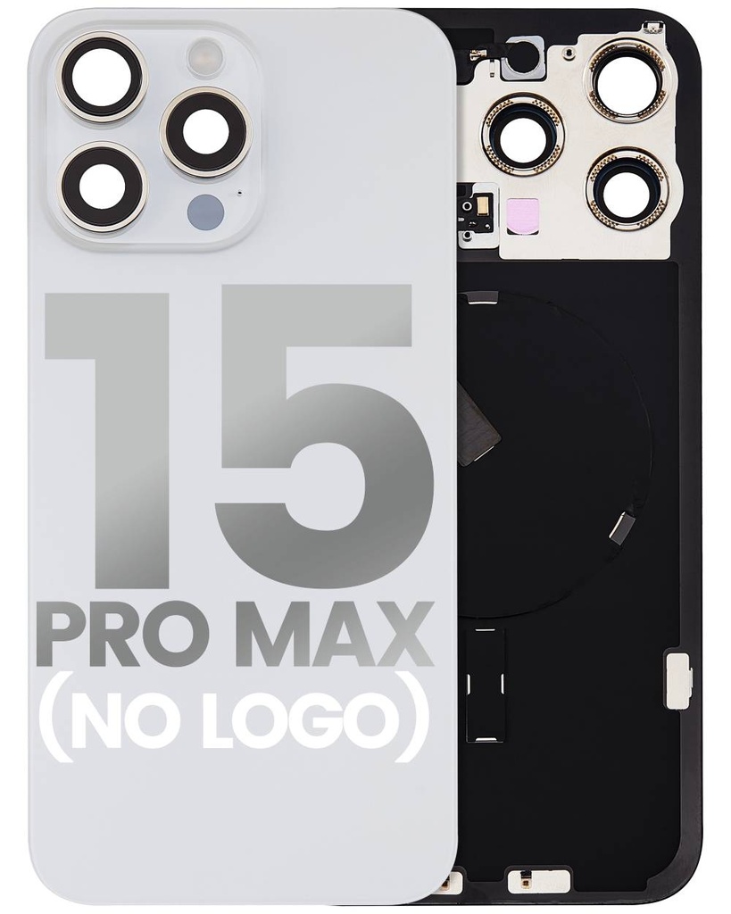 Back Glass With Steel Plate With Wireless NFC Charging MagSafe Magnet &amp; Flashlight Flex Compatible For iPhone 15 Pro Max (No Logo) (White Titanium)