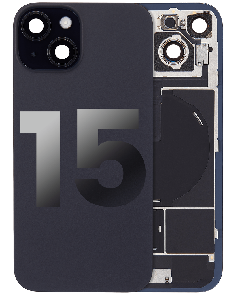 Back Glass With Steel Plate With Wireless NFC Charging MagSafe Magnet &amp; Flashlight Flex Compatible For iPhone 15 (Used OEM Pull: Grade A) (Black)