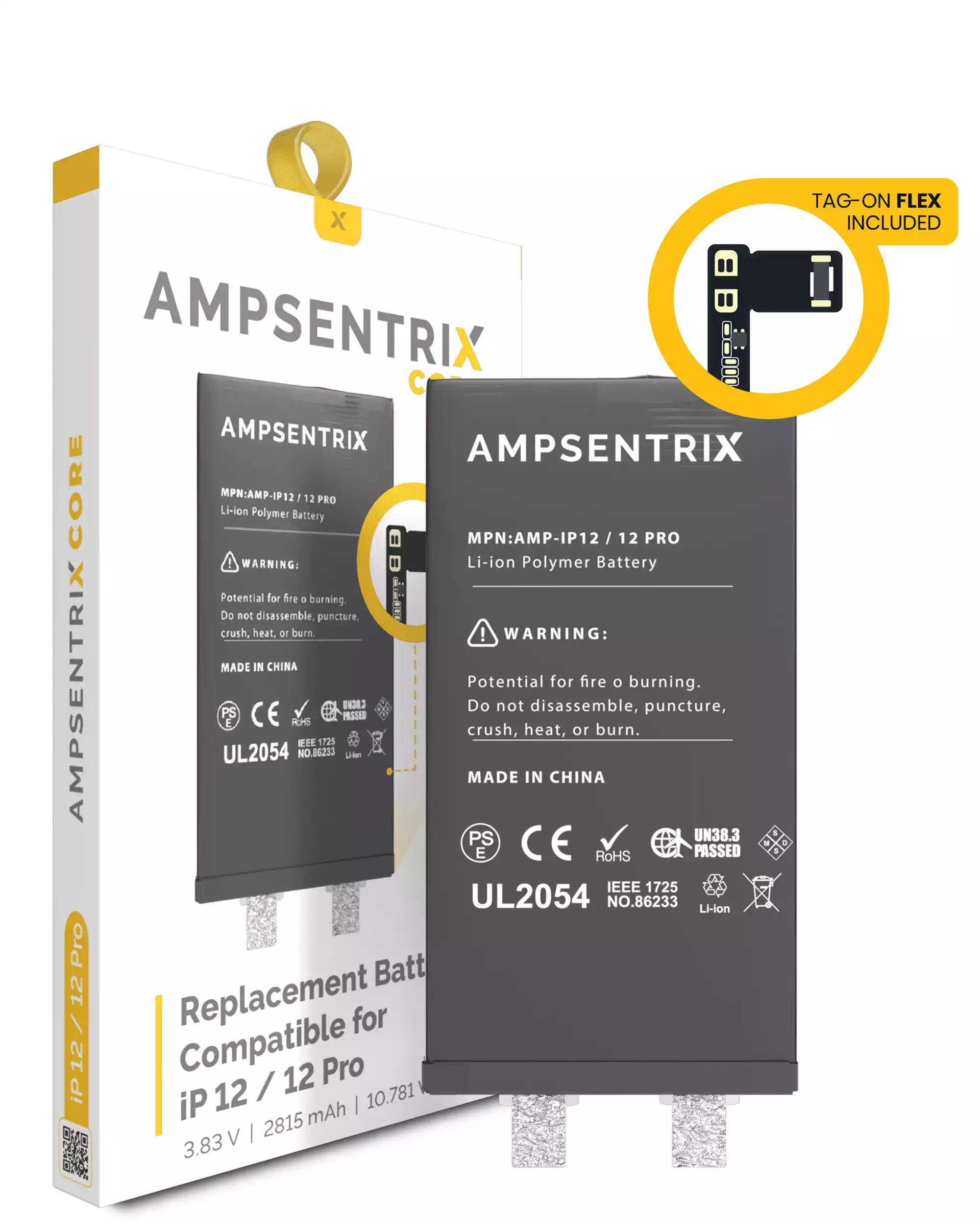 Replacement Battery Core with Universal Tag-On Flex Compatible For iPhone 12 / 12 Pro (Spot Welding Required) (AmpSentrix Core)