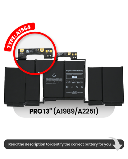 Battery (A1964) Compatible For MacBook Pro 13&quot; (A1989 Late 2018 / Early 2019) (A2251: Mid 2020)