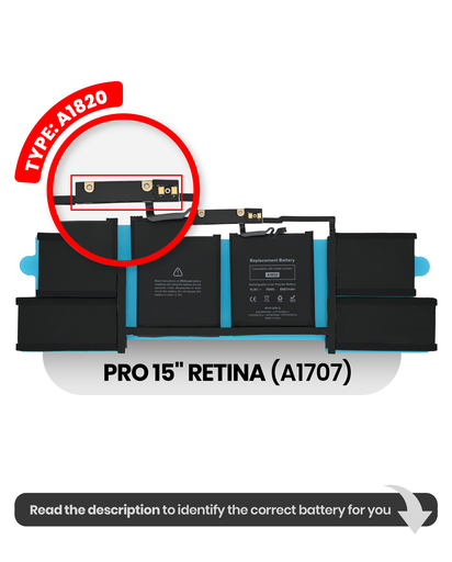 Battery (A1820) Compatible For MacBook Pro 15&quot; Retina (A1707 Late 2016 / Mid 2017)