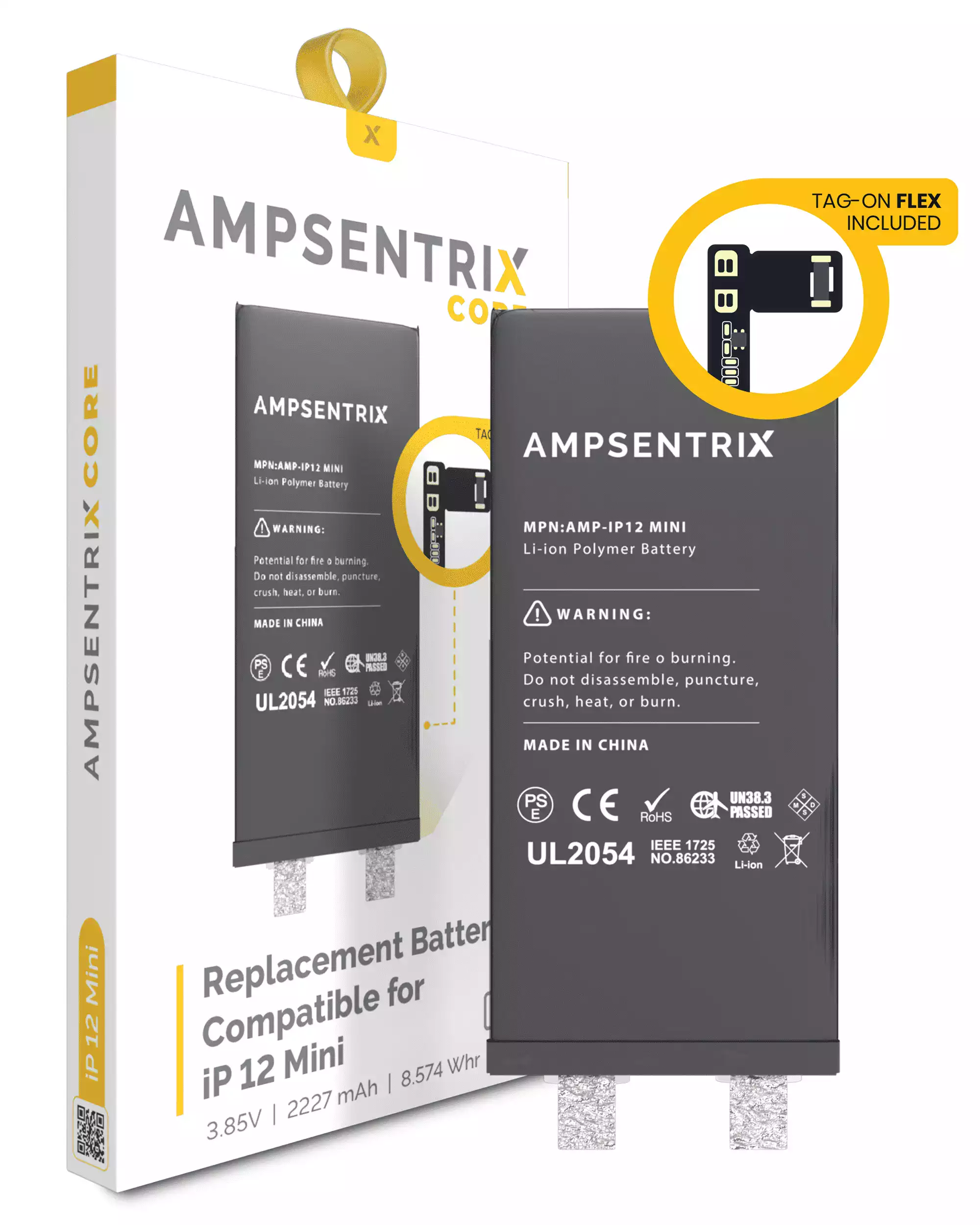 Replacement Battery Core with Universal Tag-On Flex Compatible For iPhone 12 Mini (Spot Welding Required) (AmpSentrix Core)