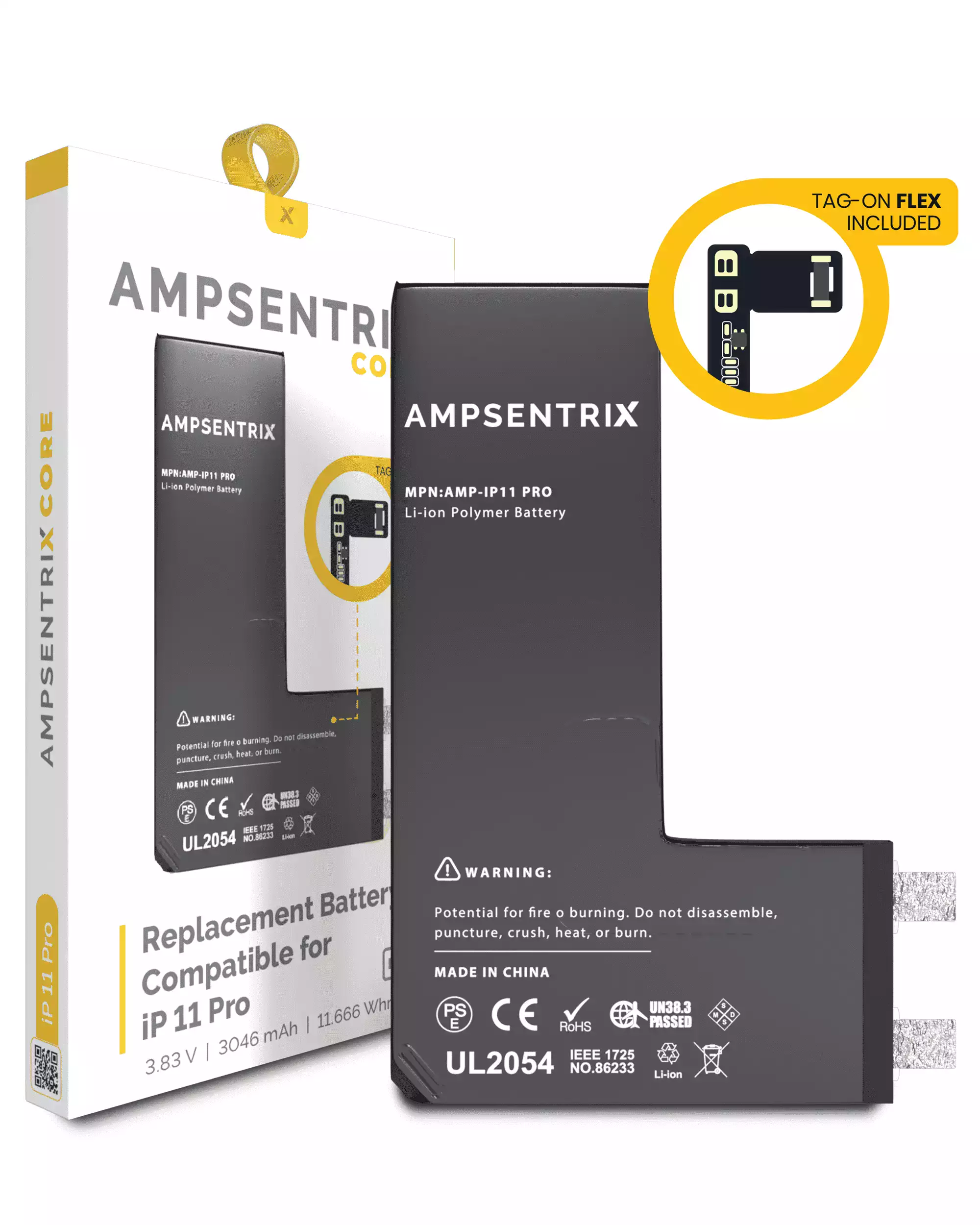 Replacement Battery Core with Universal Tag-On Flex Compatible For iPhone 11 Pro (Spot Welding Required) (AmpSentrix Core)