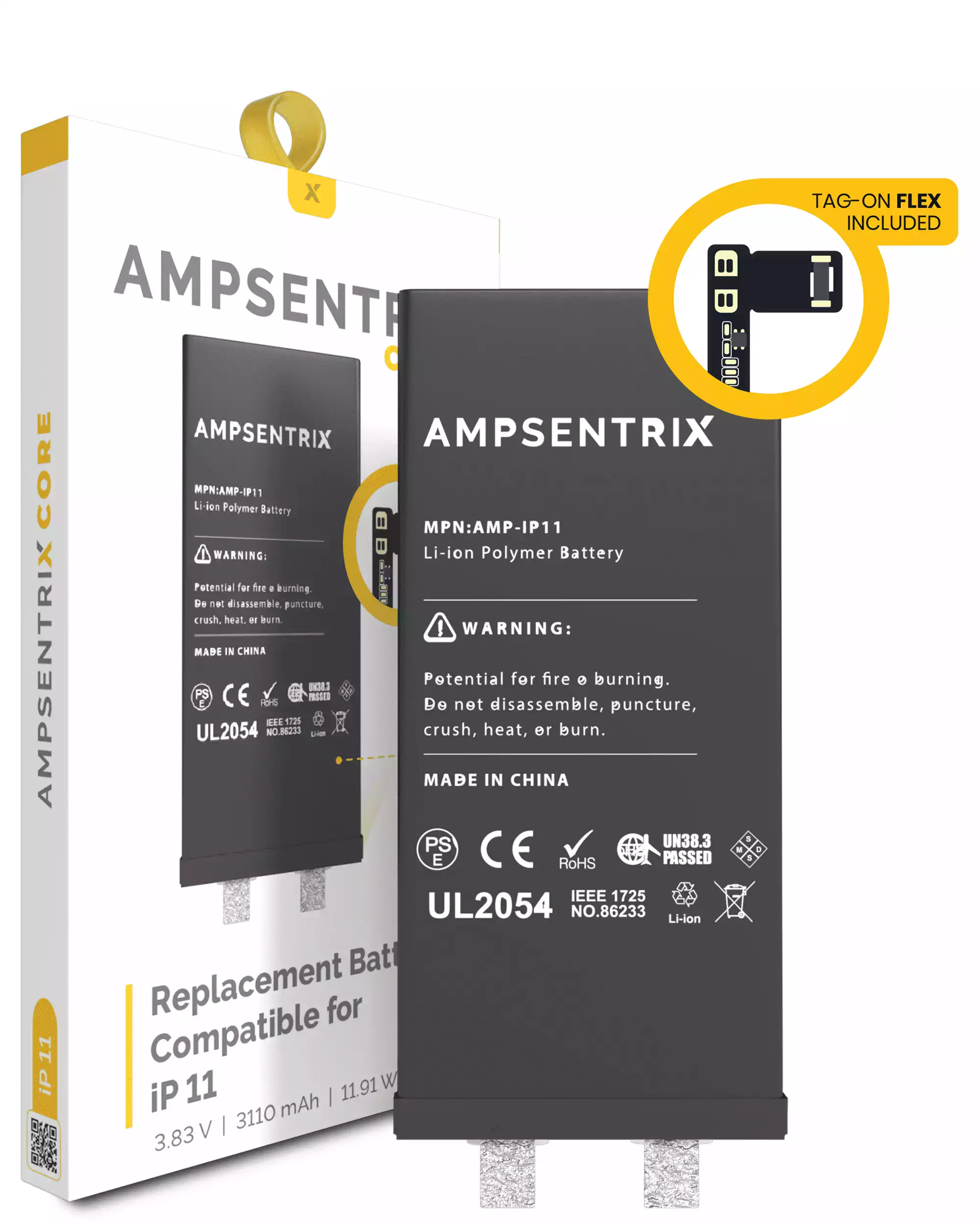 Replacement Battery Core with Universal Tag-On Flex Compatible For iPhone 11 (Spot Welding Required) (AmpSentrix Core)