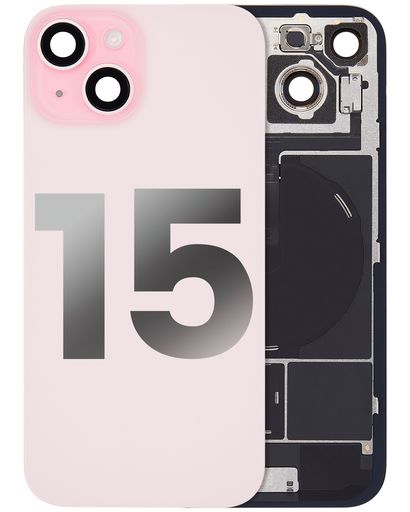 Back Glass With Steel Plate With Wireless NFC Charging MagSafe Magnet &amp; Flashlight Flex Compatible For iPhone 15 (Used OEM Pull: Grade A) (Pink)