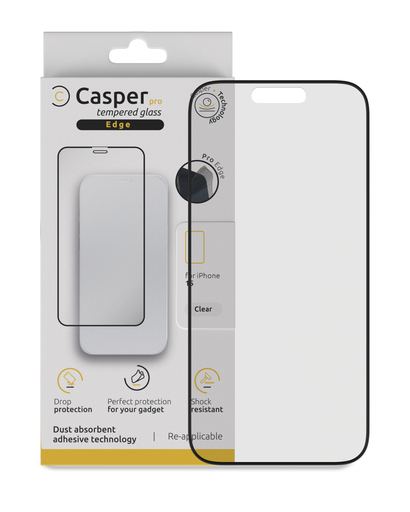 Casper Pro Edge Tempered Glass Compatible For iPhone 15 / 16 (Retail Pack) (Clear)