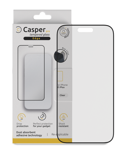 Casper Pro Edge Tempered Glass Compatible For iPhone 15 Plus / 16 Plus (Retail Pack) (Clear)
