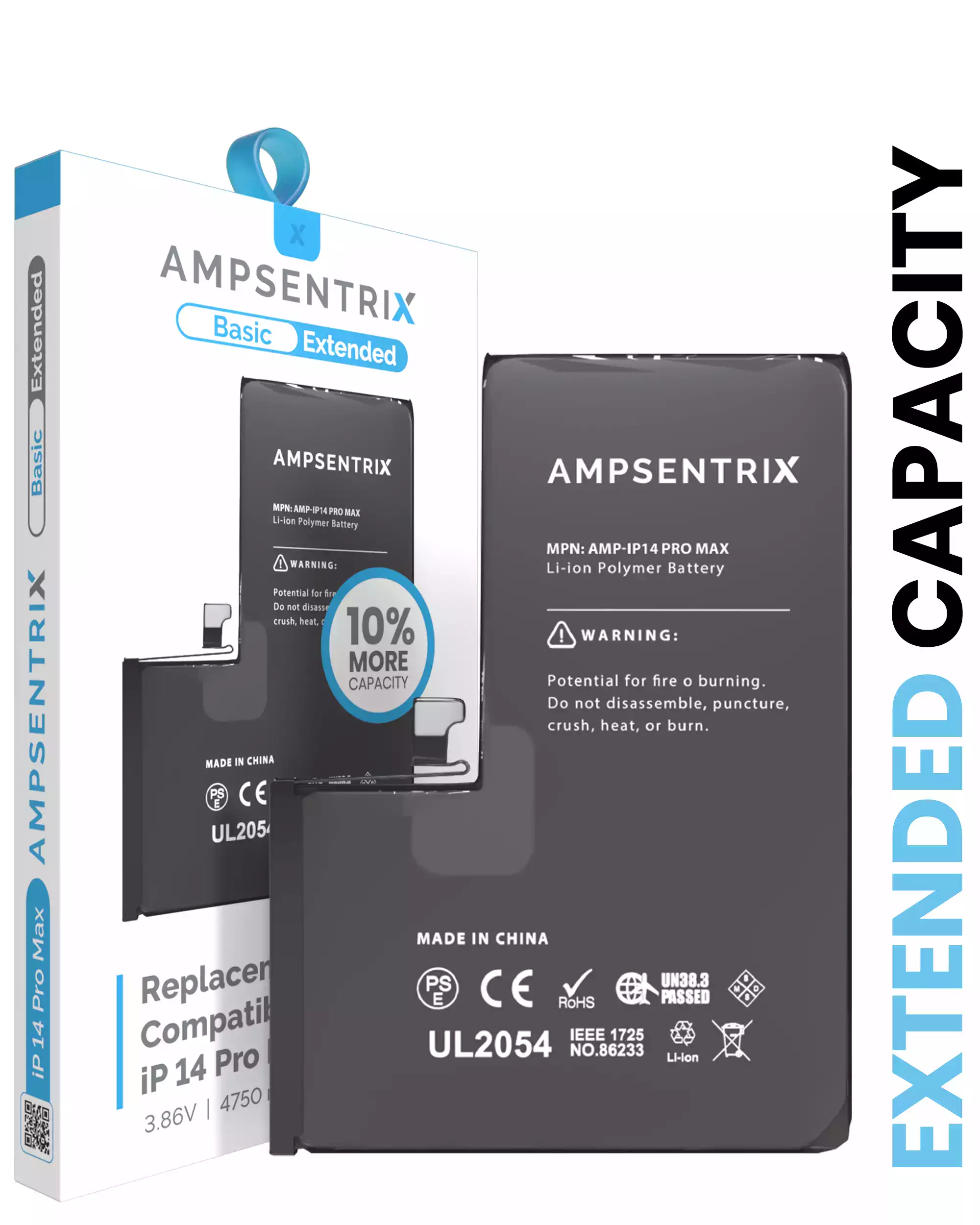 Extended Capacity Replacement Battery Compatible For iPhone 14 Pro Max (AmpSentrix Basic Extended)
