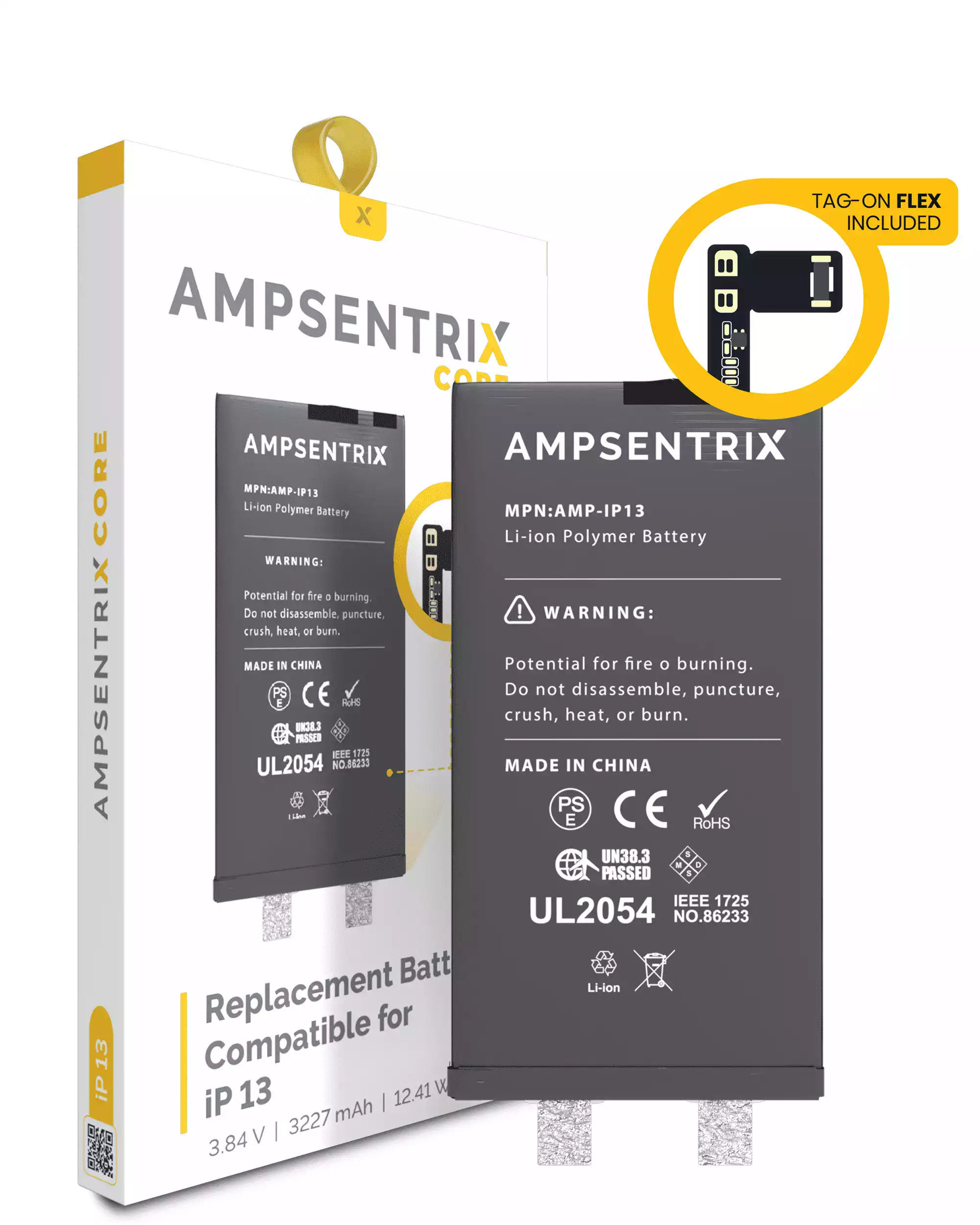 Replacement Battery Core with Universal Tag-On Flex Compatible For iPhone 13 (Spot Welding Required) (AmpSentrix Core)