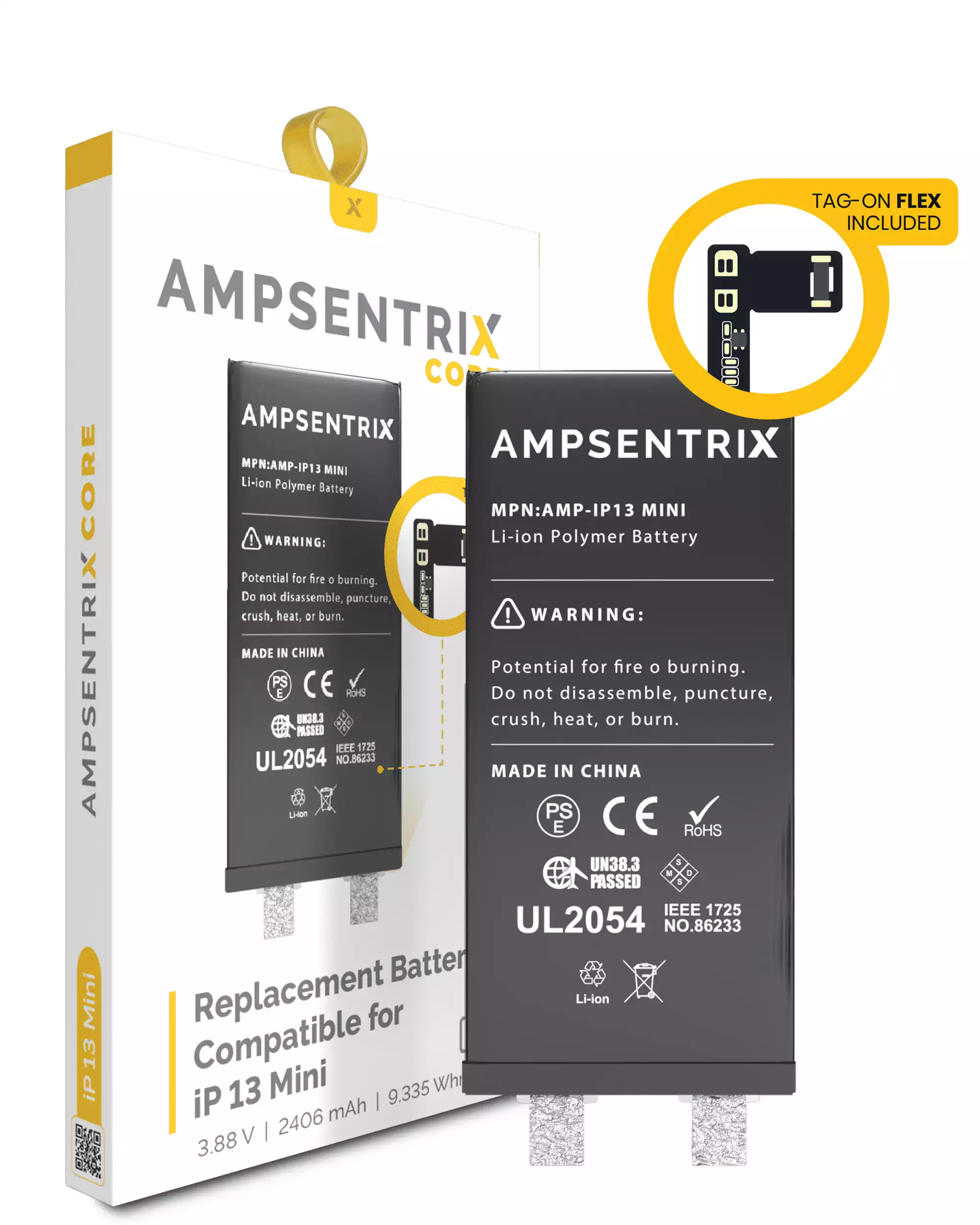 Replacement Battery Core with Universal Tag-On Flex Compatible For iPhone 13 Mini (Spot Welding Required) (AmpSentrix Core)