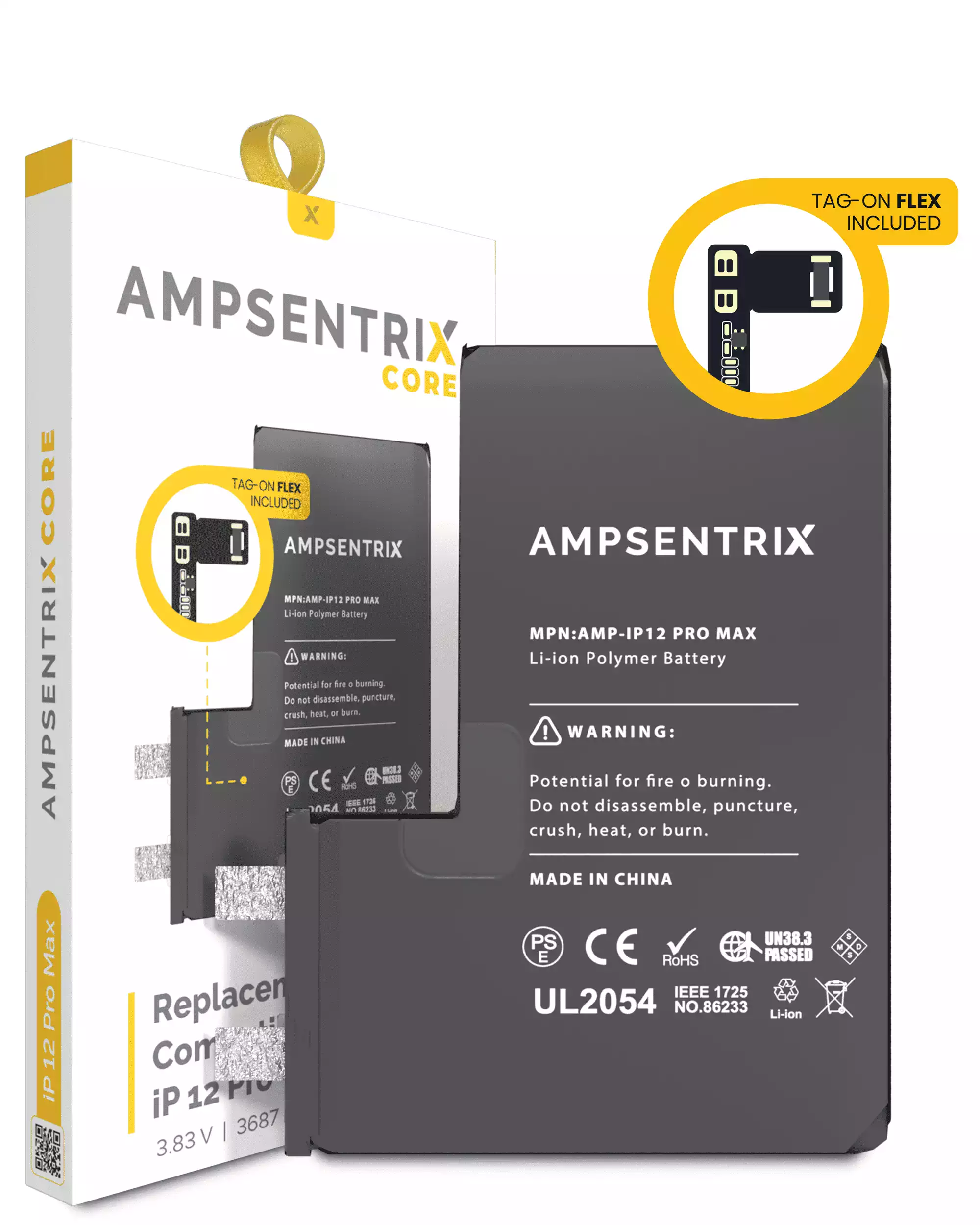 Replacement Battery Core with Universal Tag-On Flex Compatible For iPhone 12 Pro Max (Spot Welding Required) (AmpSentrix Core)