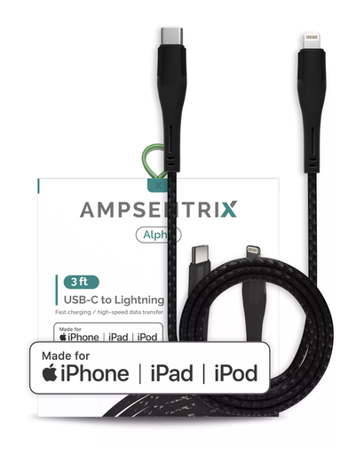 3 ft MFI Lightning To USB Type C Cable (AmpSentrix) (Alpha) (Black)